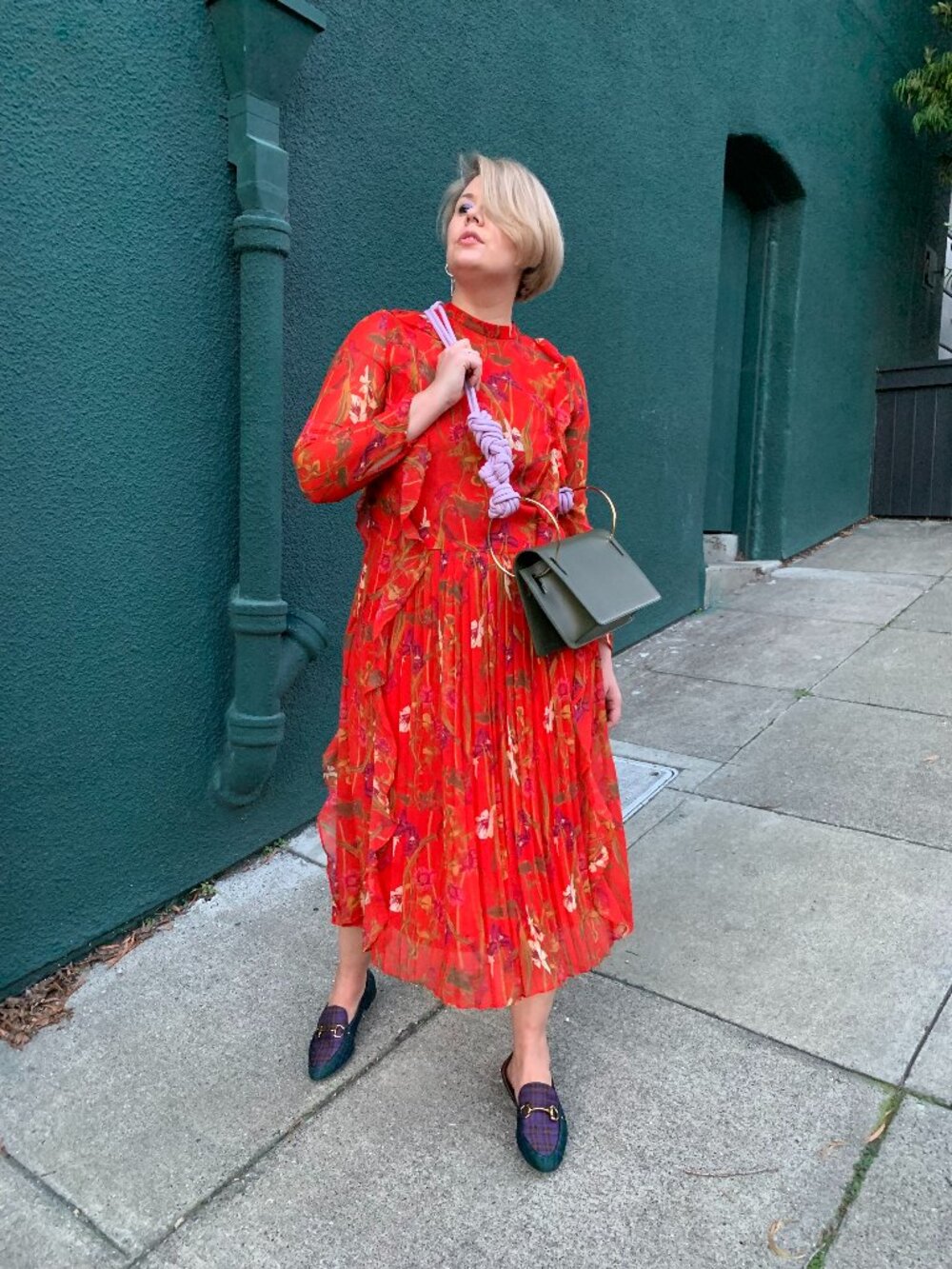 Little Moon for Aritzia Floral Pleated Midi Dress Red Romantic Sheer Dress Size